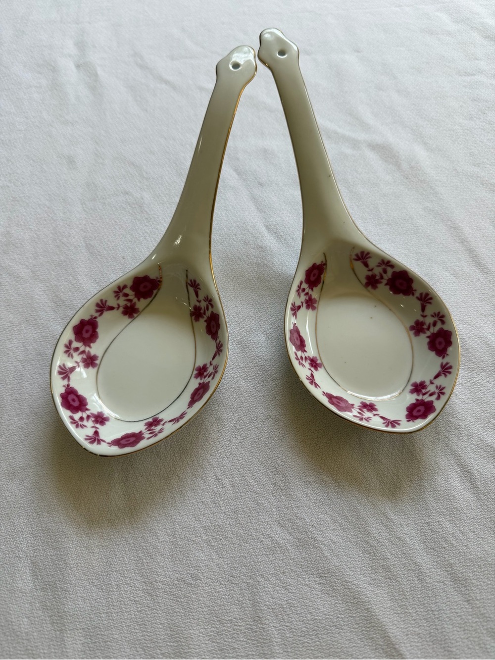 VTG Porcelain Floral Soup Spoon in Pink and Gold Trim-Set of 2